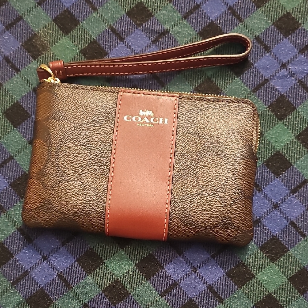 Coach Brown Wristlet with Red Center Stripe